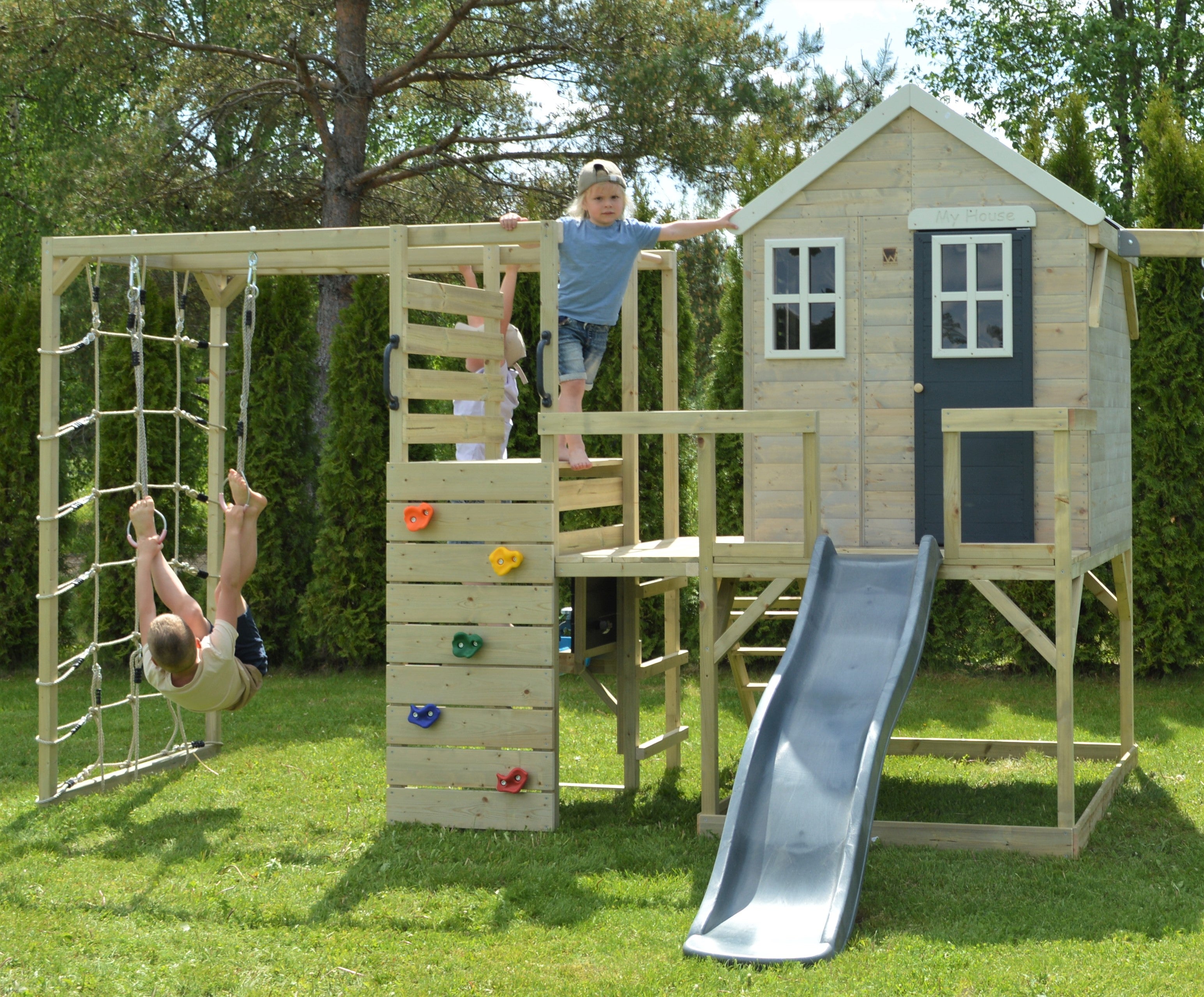 M24-GK My Lodge with Platform, Slide and Single Swing + Gym & Kitchen Attachment