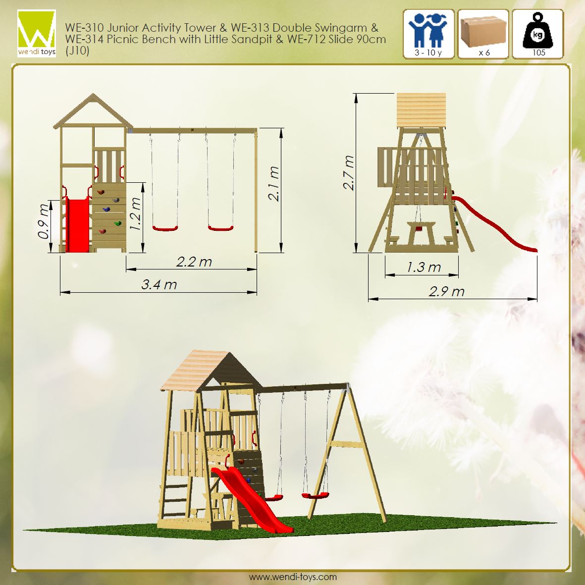 J10 Junior Activity Tower with Slide, Sandpit, Picnick Bench and Double Swing