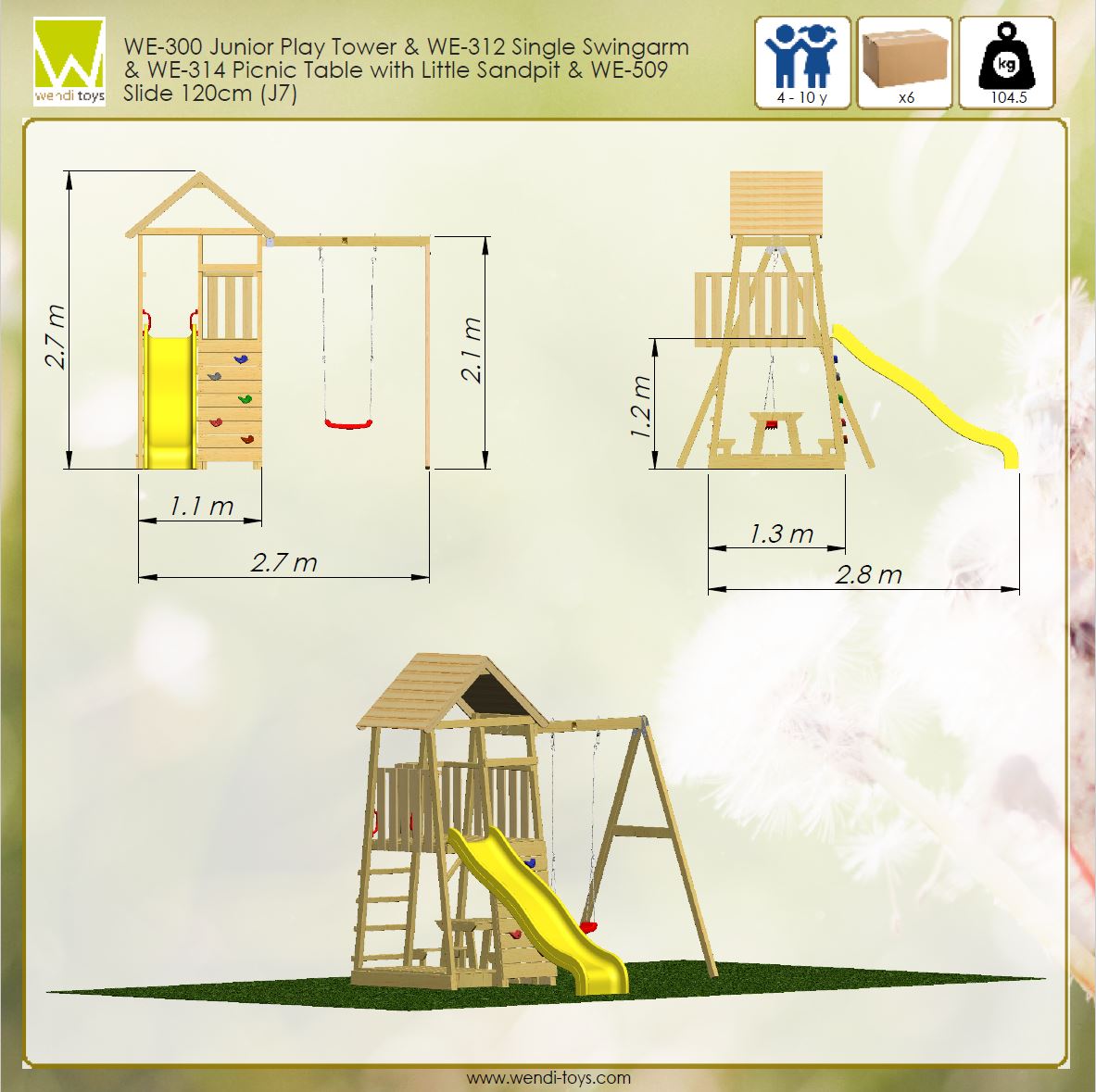 J7 Junior Play Tower with Slide, Sandpit, Picnick Bench and Single Swing