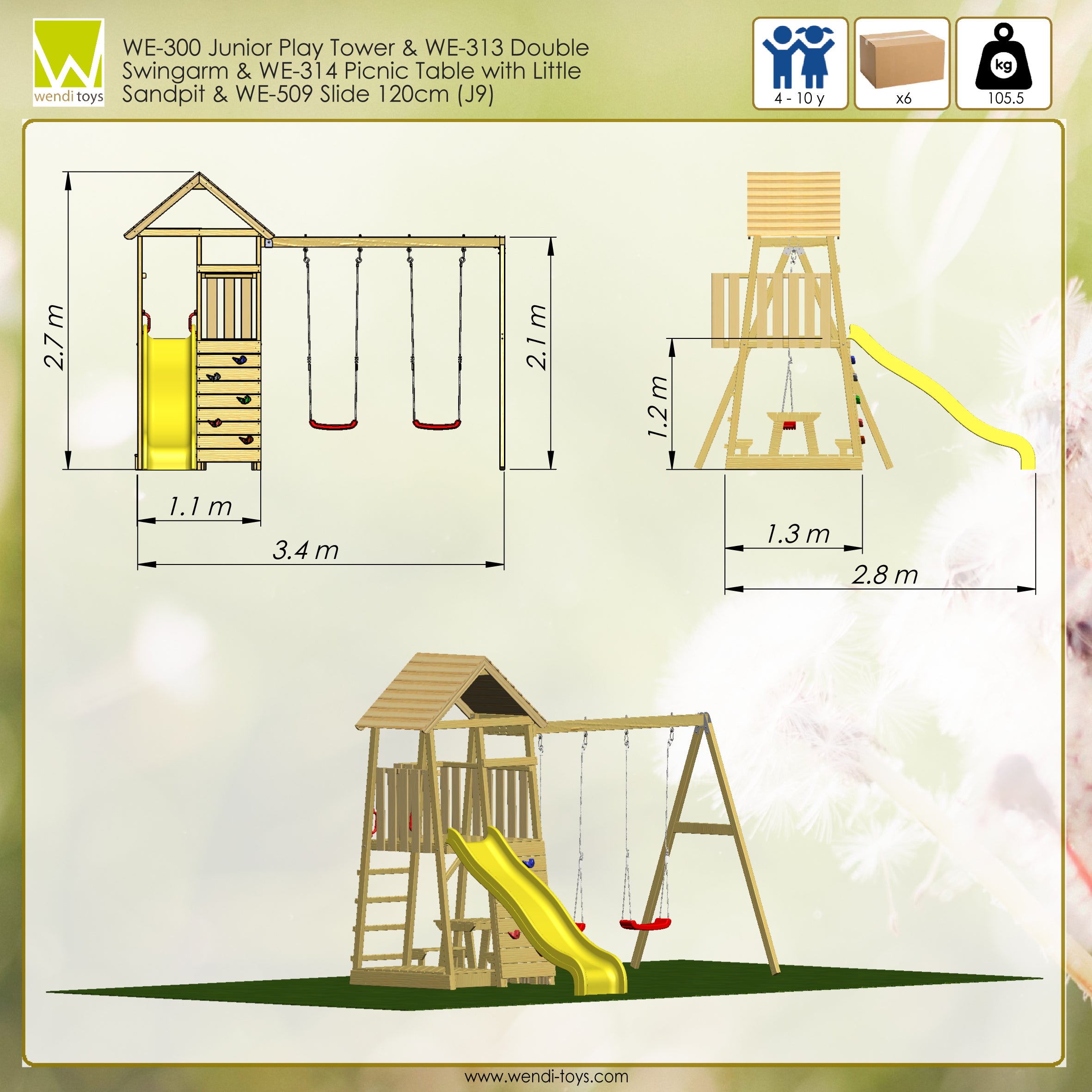 J9 Junior Play Tower with Slide, Sandpit, Picnick Bench and Double Swing