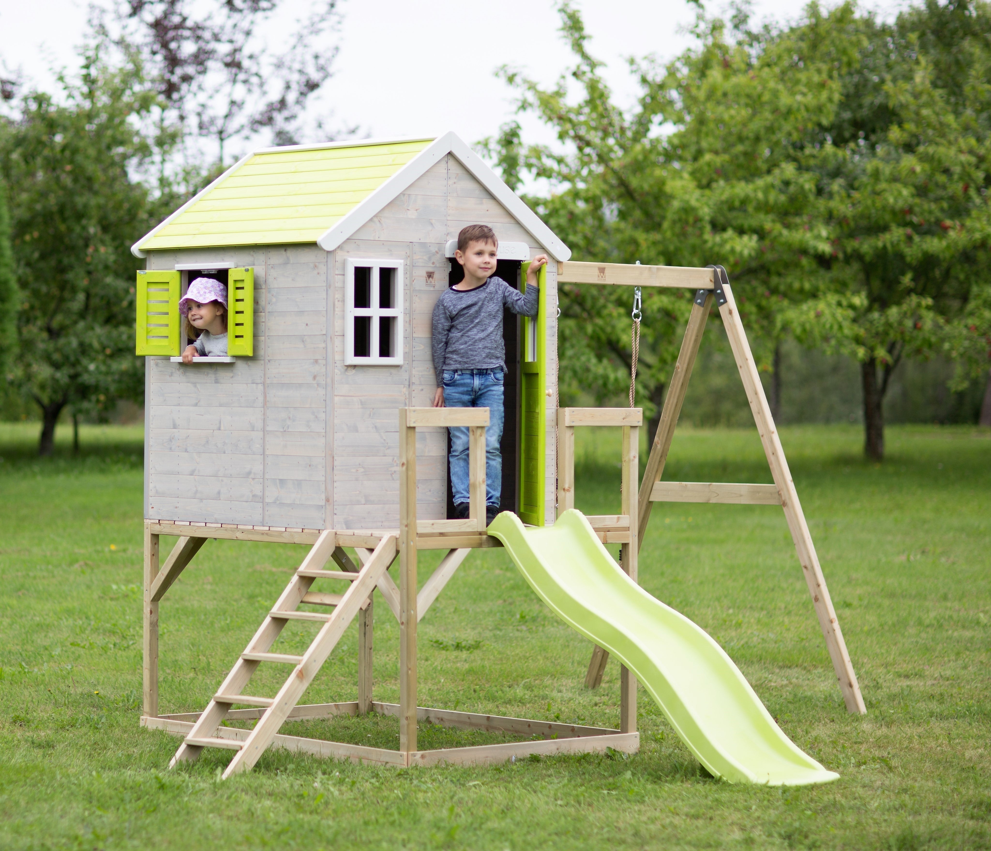 M24-GK My Lodge with Platform, Slide and Single Swing + Gym & Kitchen Attachment