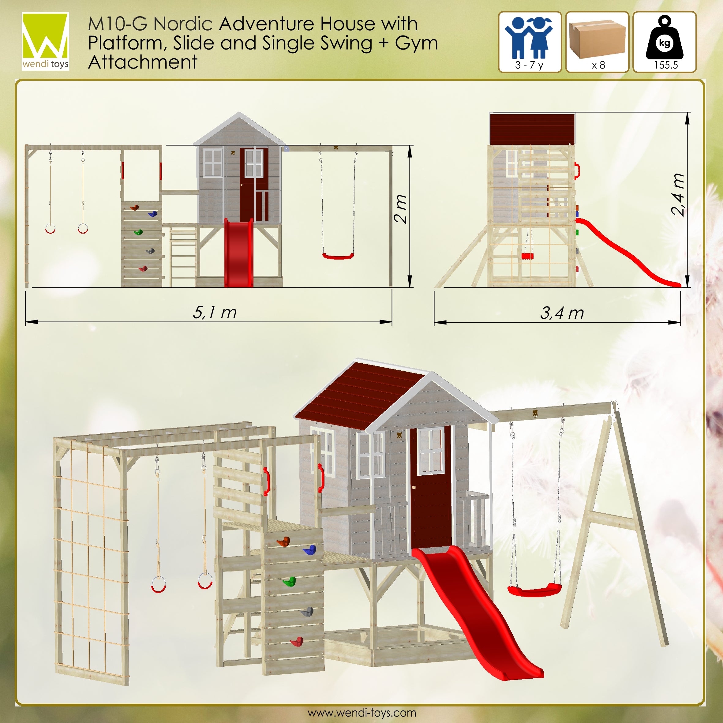 M10R-G Nordic Adventure House with Platform, Slide and Single Swing + Gym Attachment