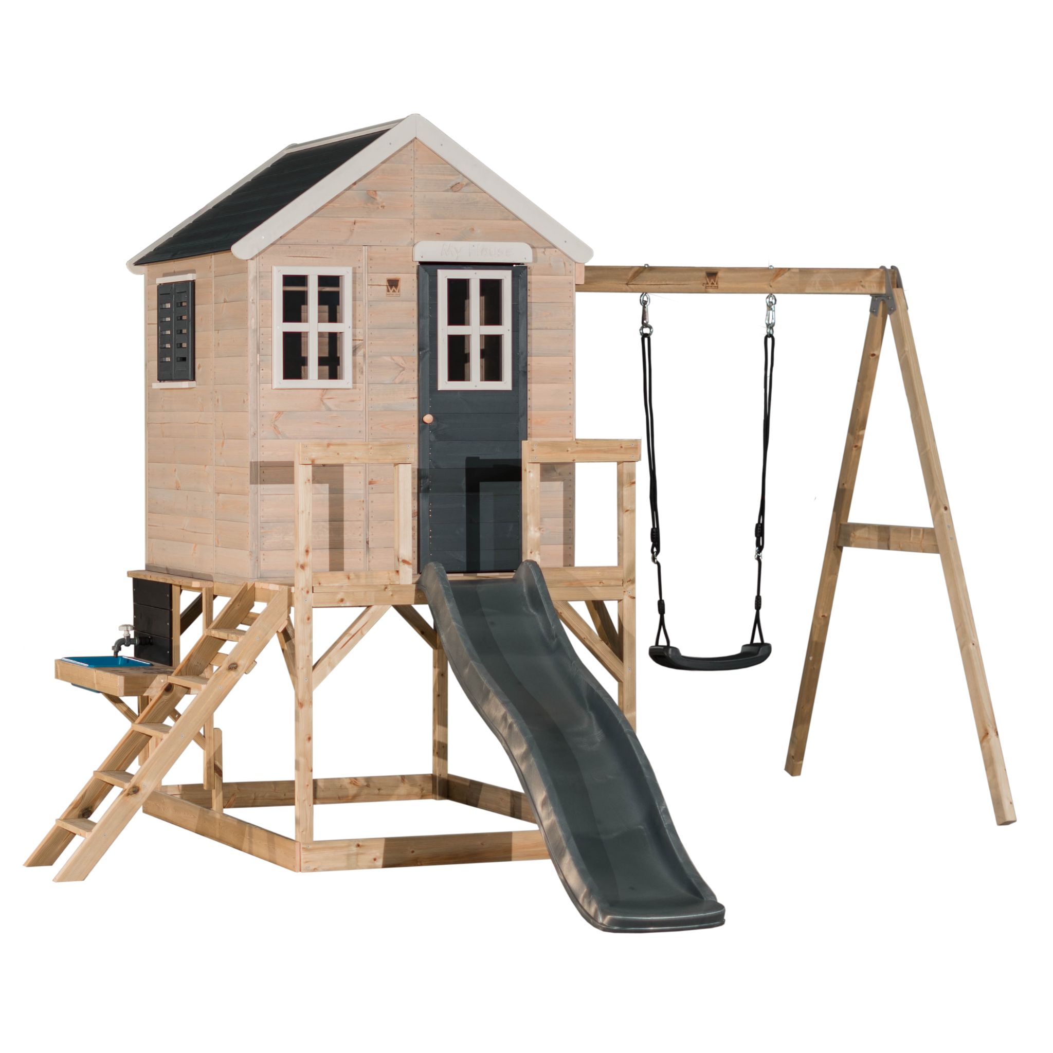 M24-K My Lodge with Platform, Slide and Single Swing + Kitchen Attachment