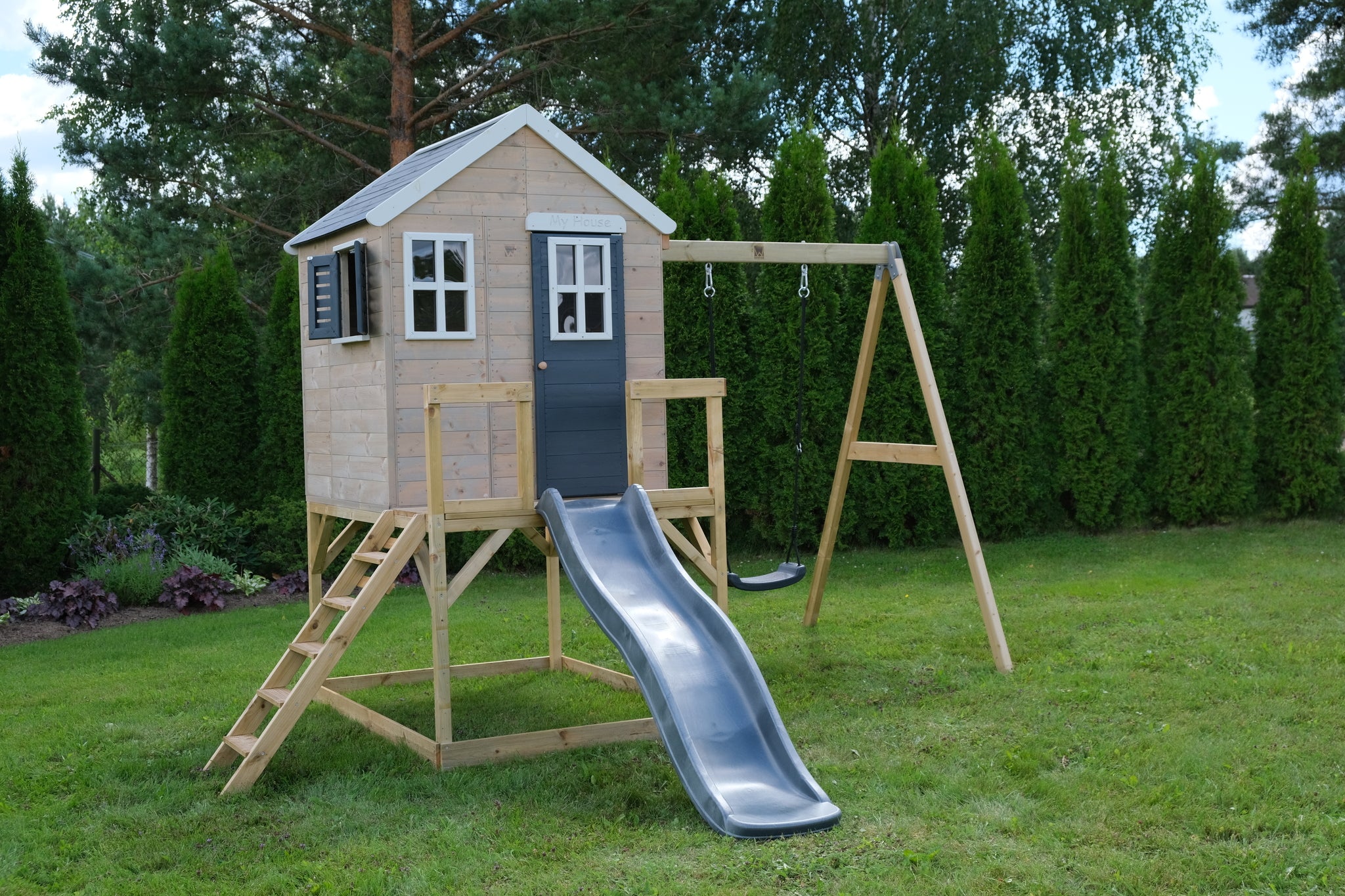 M24-G My Lodge with Platform, Slide and Single Swing + Gym Attachment