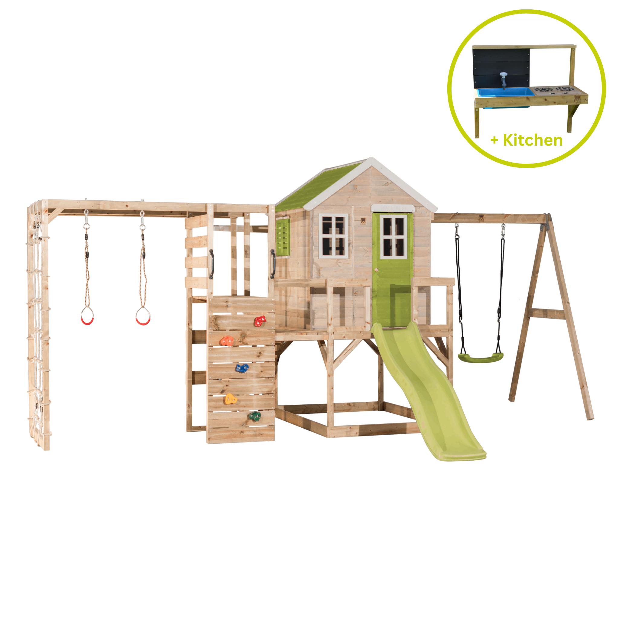 M24-GK My Lodge with Platform, Slide and Single Swing + Gym & Kitchen Attachment