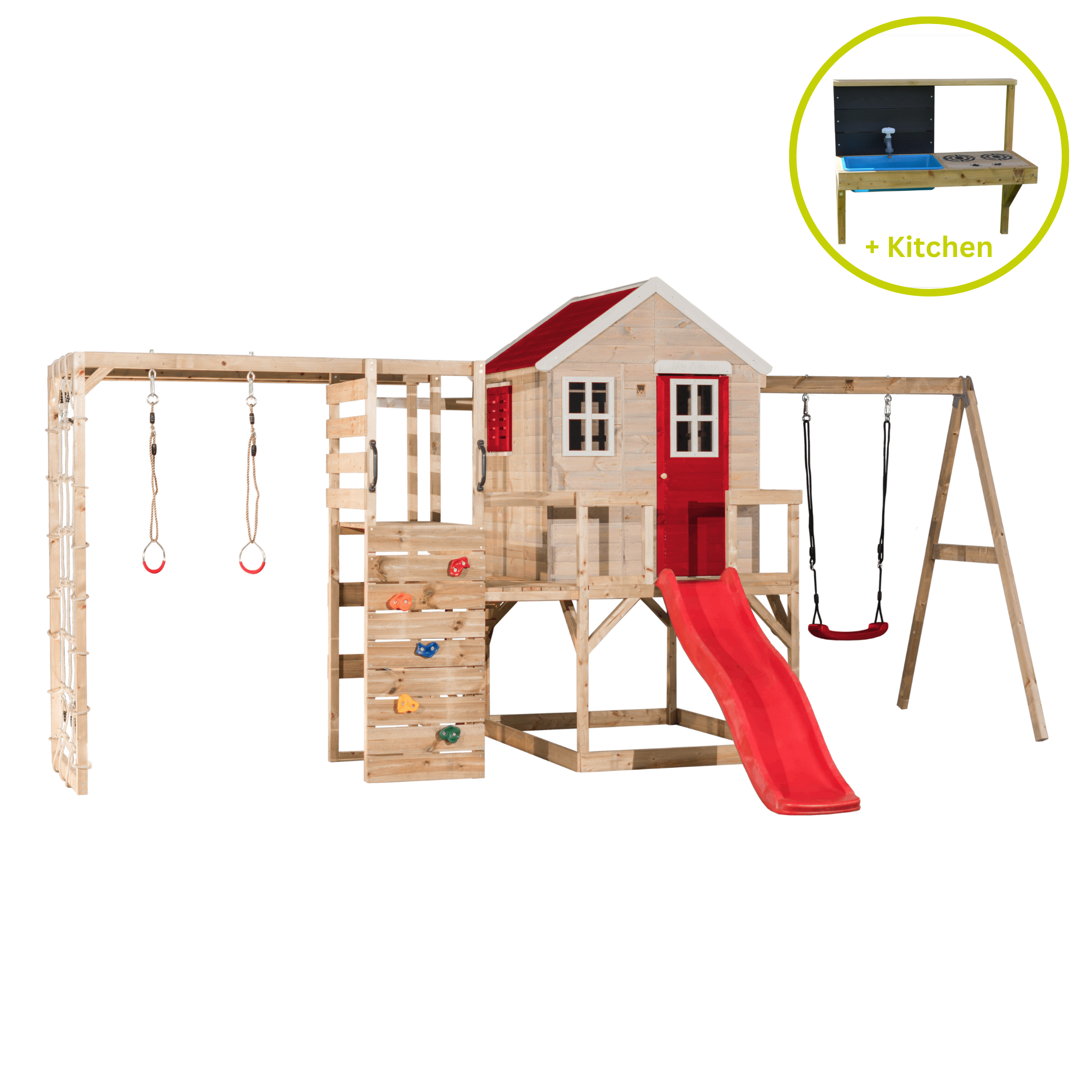 M24-GK My Lodge with Platform, Slide and Single Swing + Gym & Kitchen Attachment