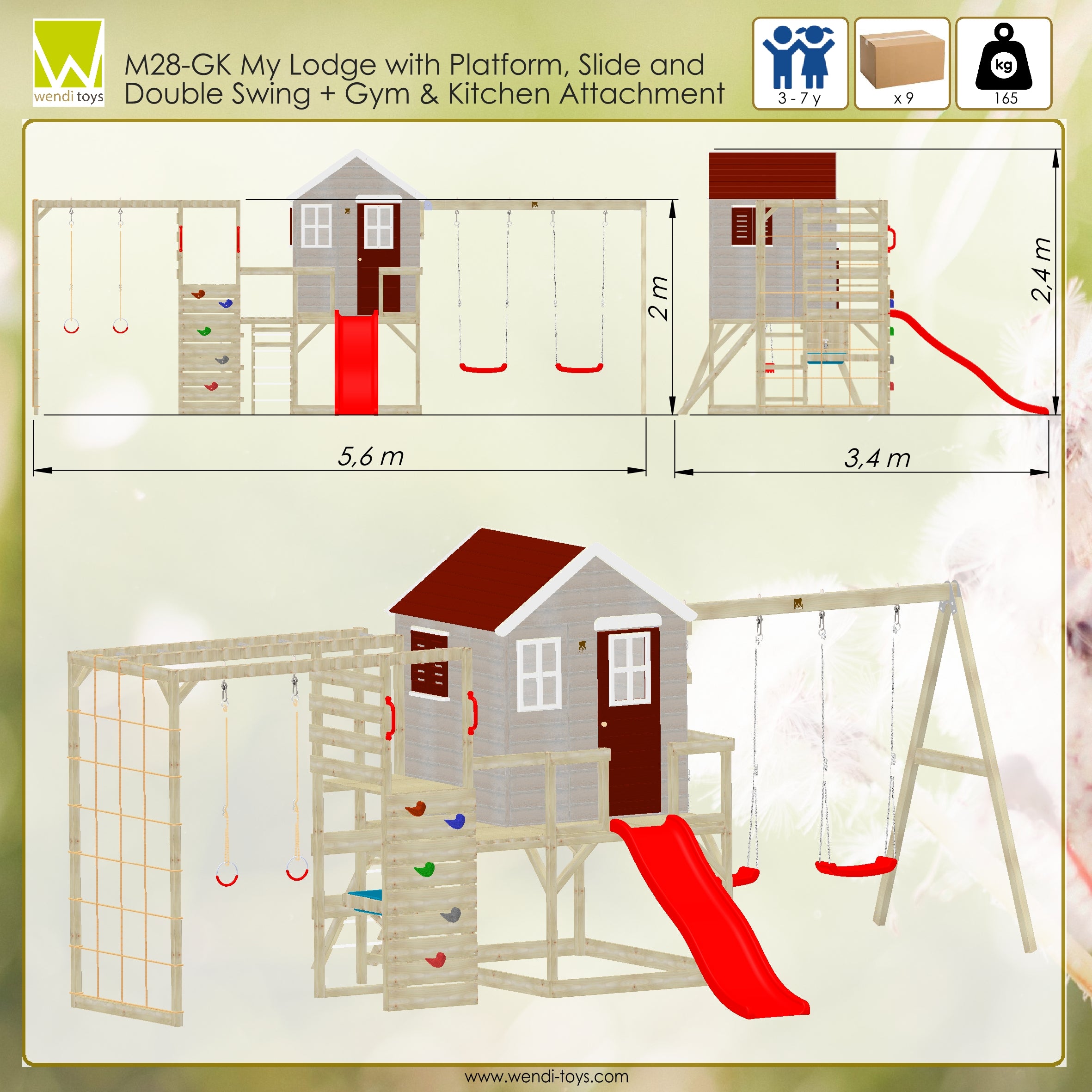 M28-GK My Lodge with Platform, Slide and Double Swing + Gym & Kitchen Attachment