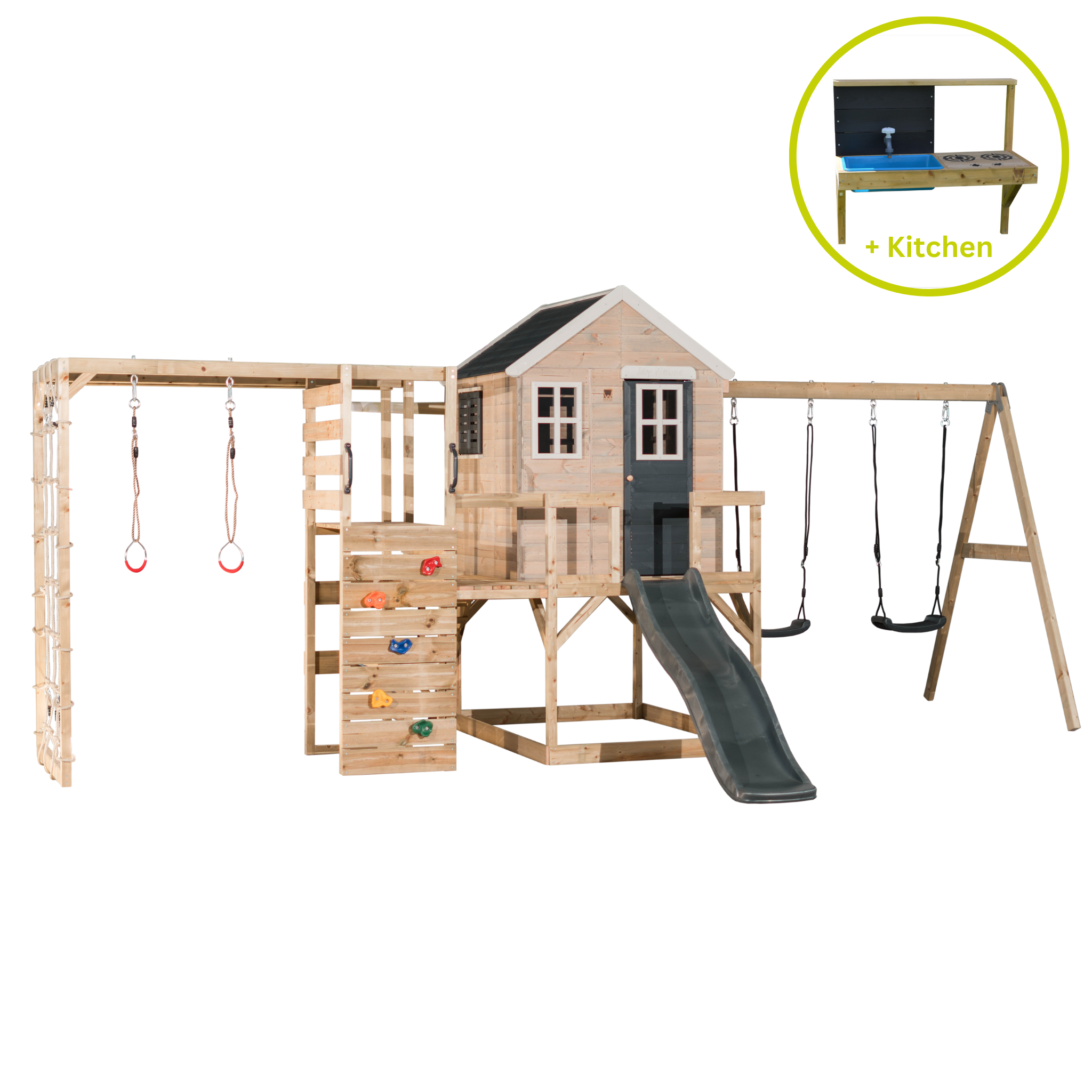 M28-GK My Lodge with Platform, Slide and Double Swing + Gym & Kitchen Attachment