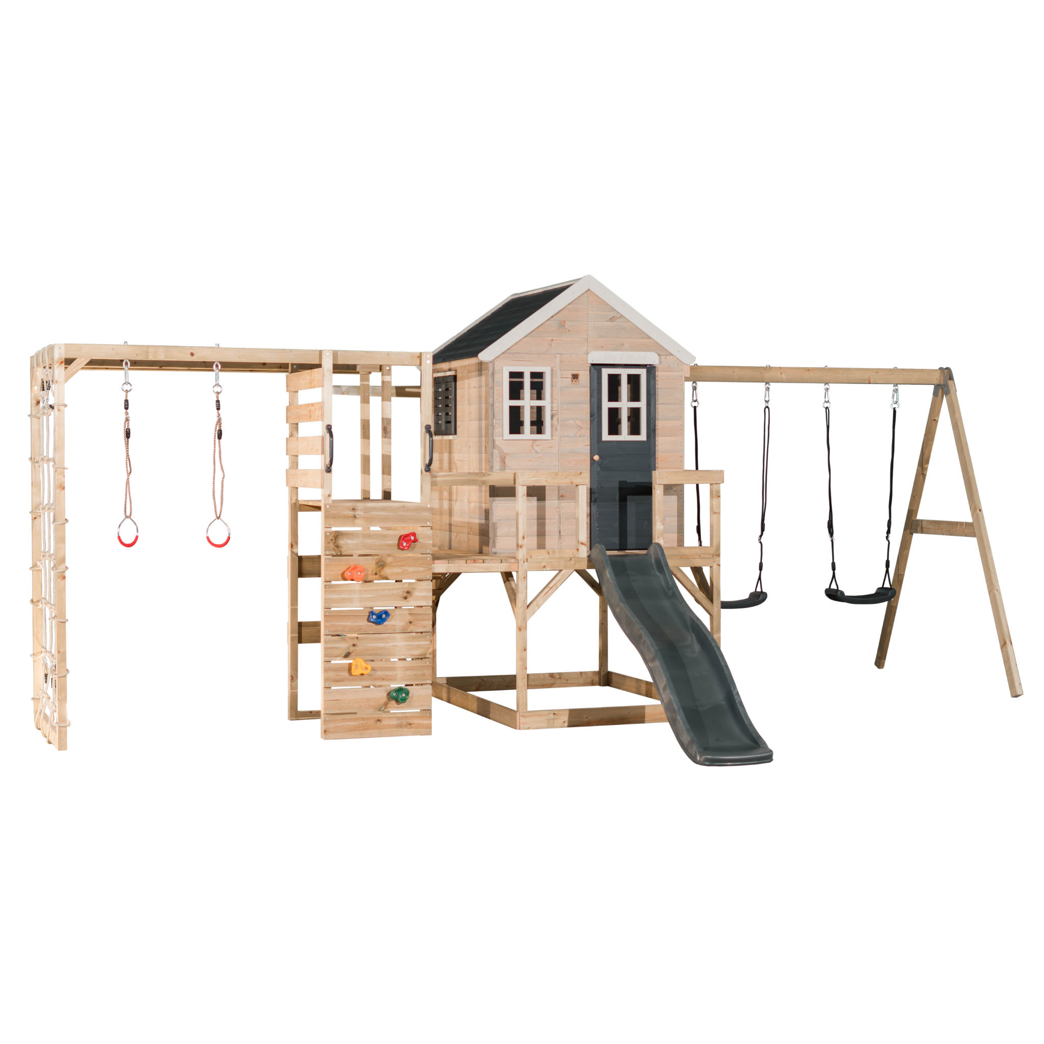 M28-G My Lodge with Platform, Slide and Double Swing + Gym Attachment