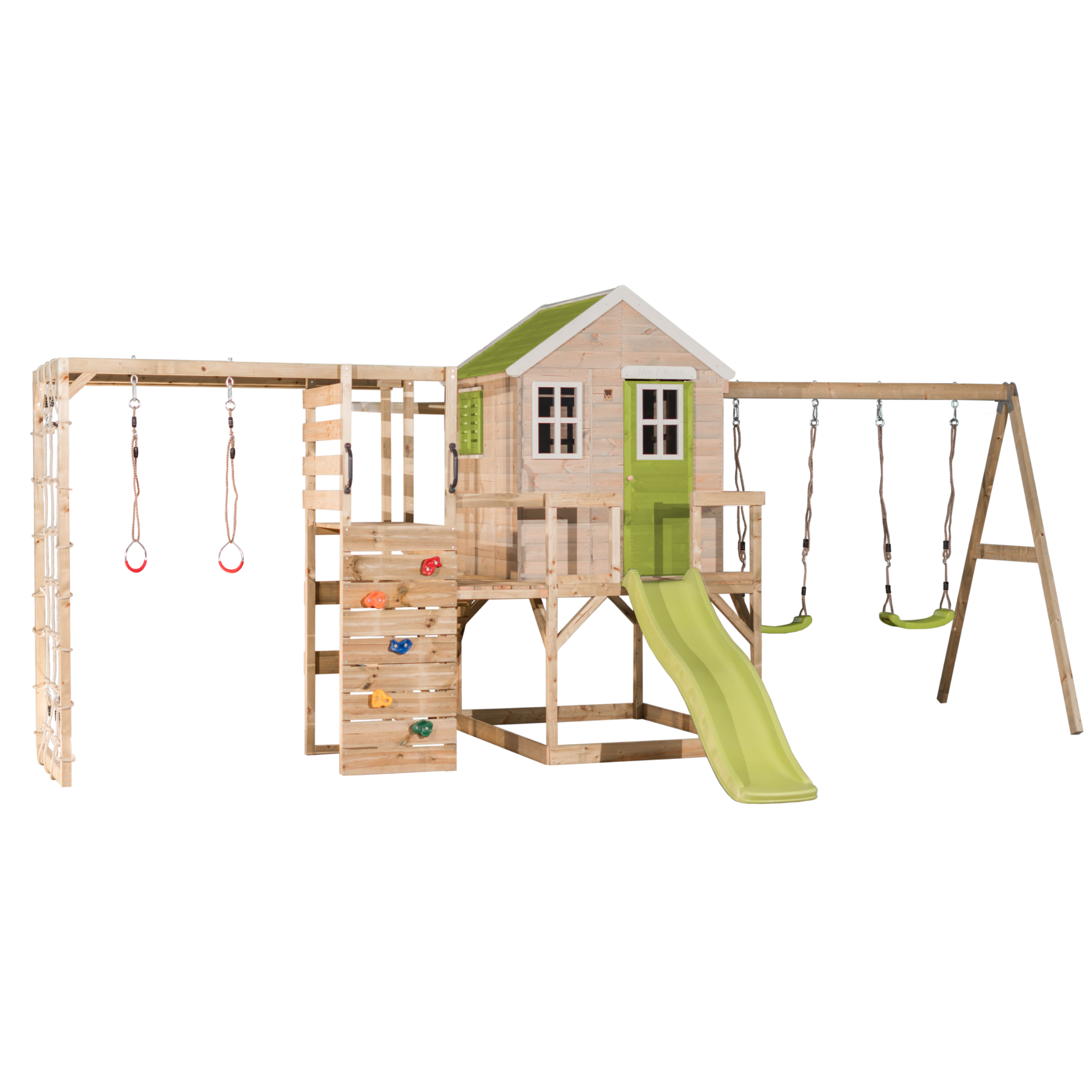 M28-G My Lodge with Platform, Slide and Double Swing + Gym Attachment