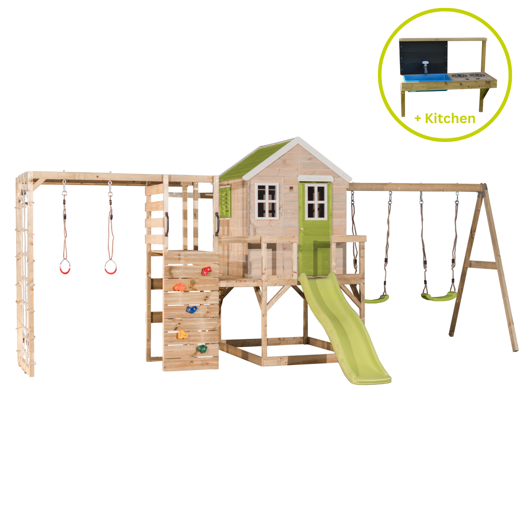 M28-GK My Lodge with Platform, Slide and Double Swing + Gym & Kitchen Attachment