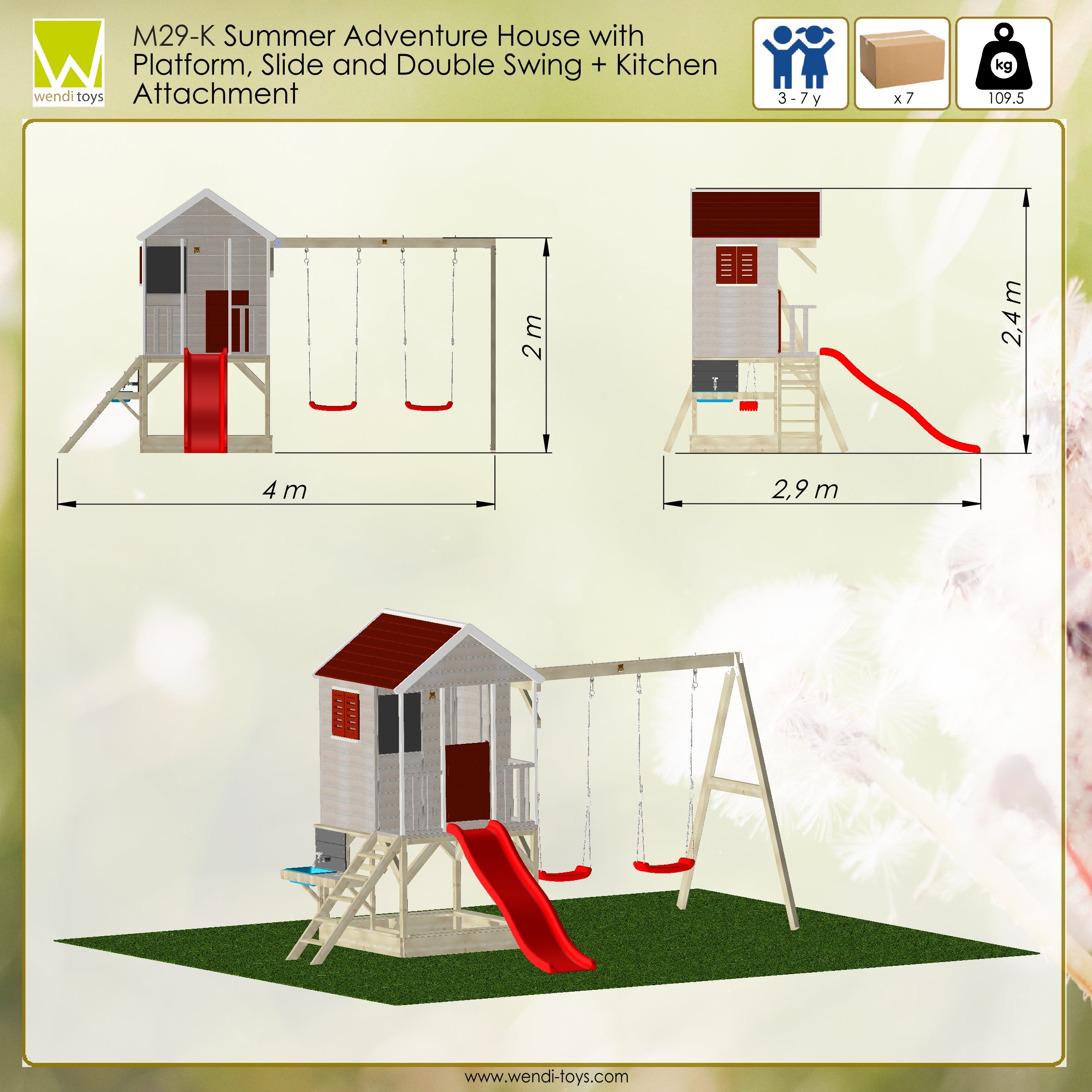 M29R-K Summer Adventure House with Platform, Slide and Double Swing + Kitchen Attachment