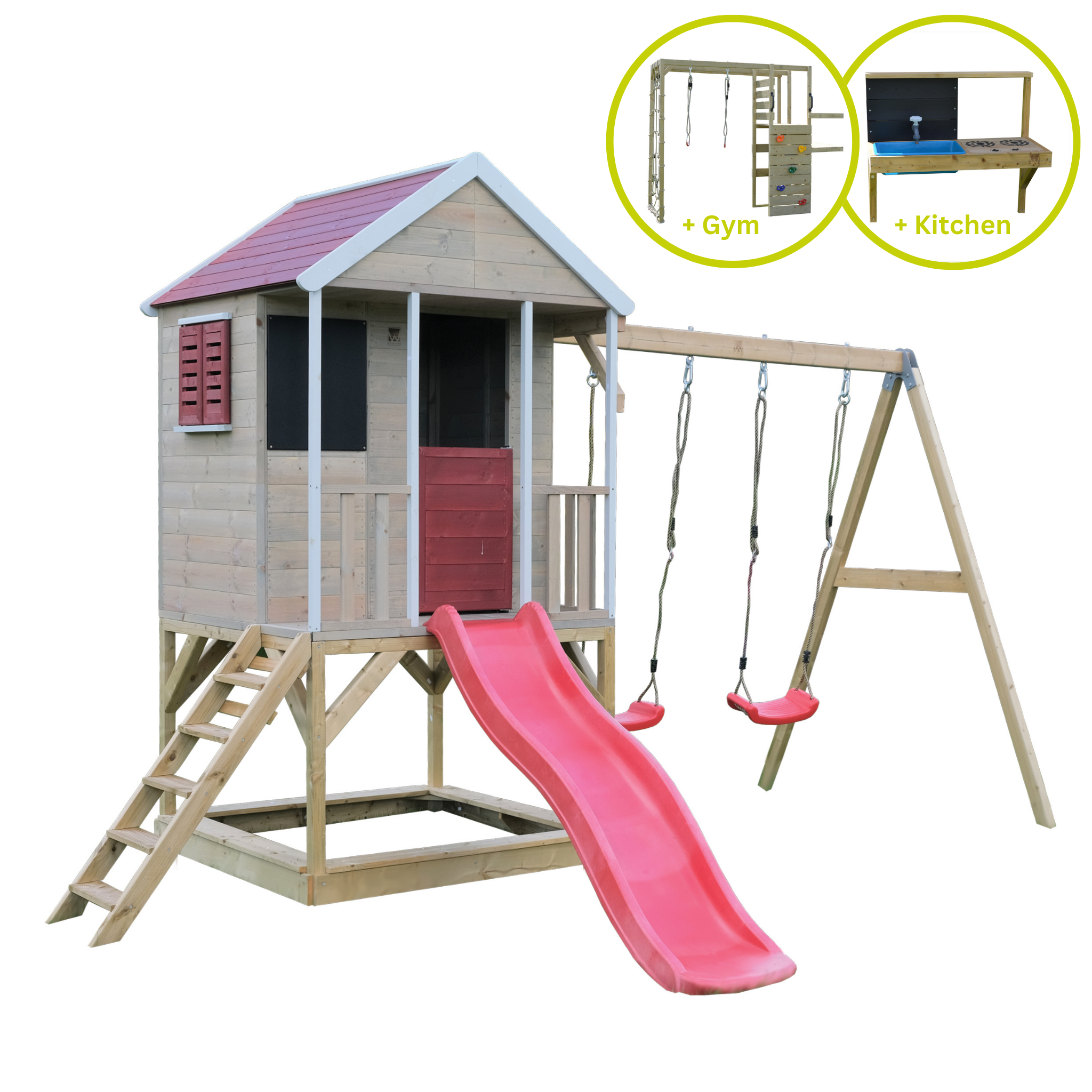 M29R-GK Summer Adventure House with Platform, Slide and Double Swing + Gym & Kitchen Attachment