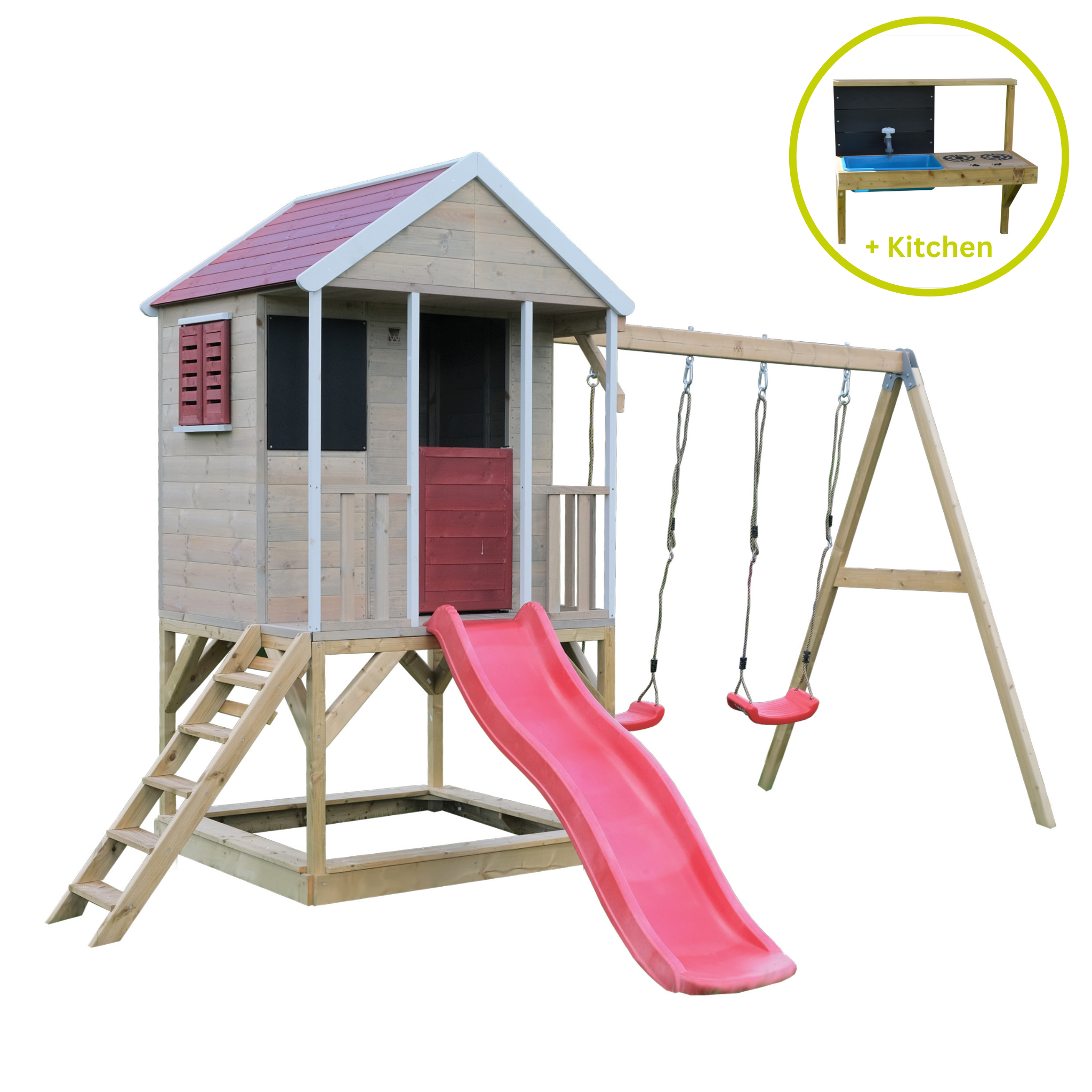 M29R-K Summer Adventure House with Platform, Slide and Double Swing + Kitchen Attachment