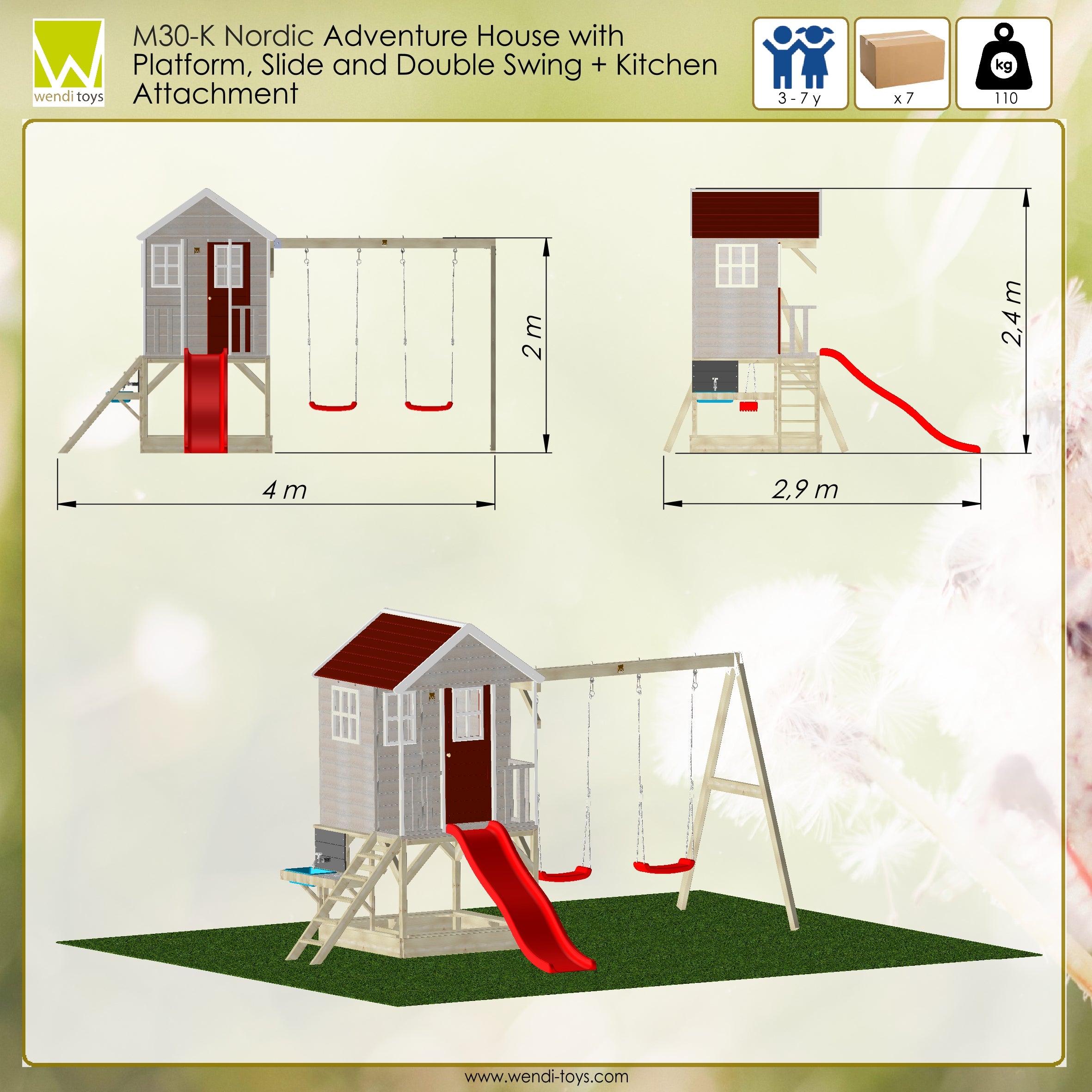 M30R-K Nordic Adventure House with Platform, Slide and Double Swing + Kitchen Attachment