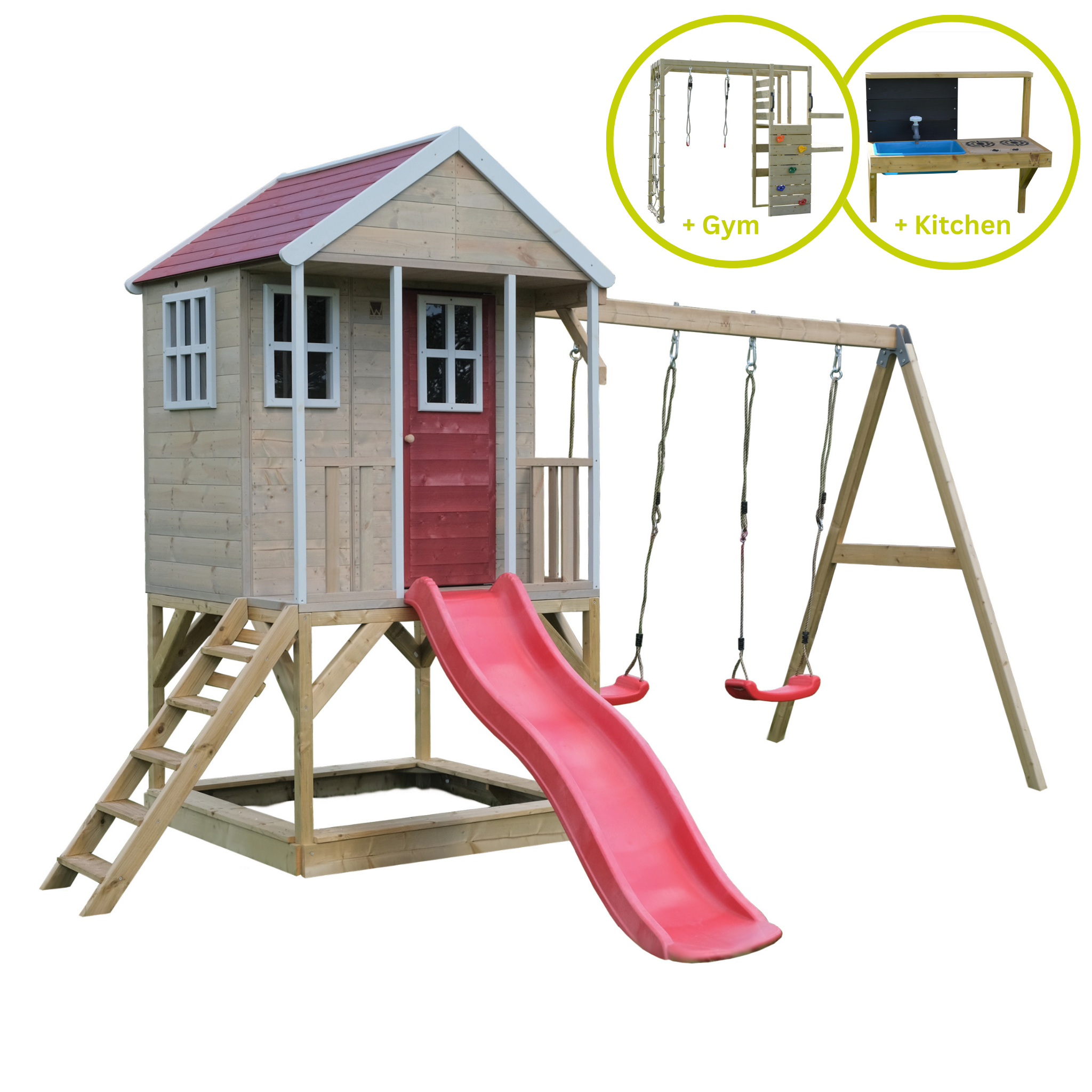 M30R-GK Nordic Adventure House with Platform, Slide and Double Swing + Gym & Kitchen Attachment