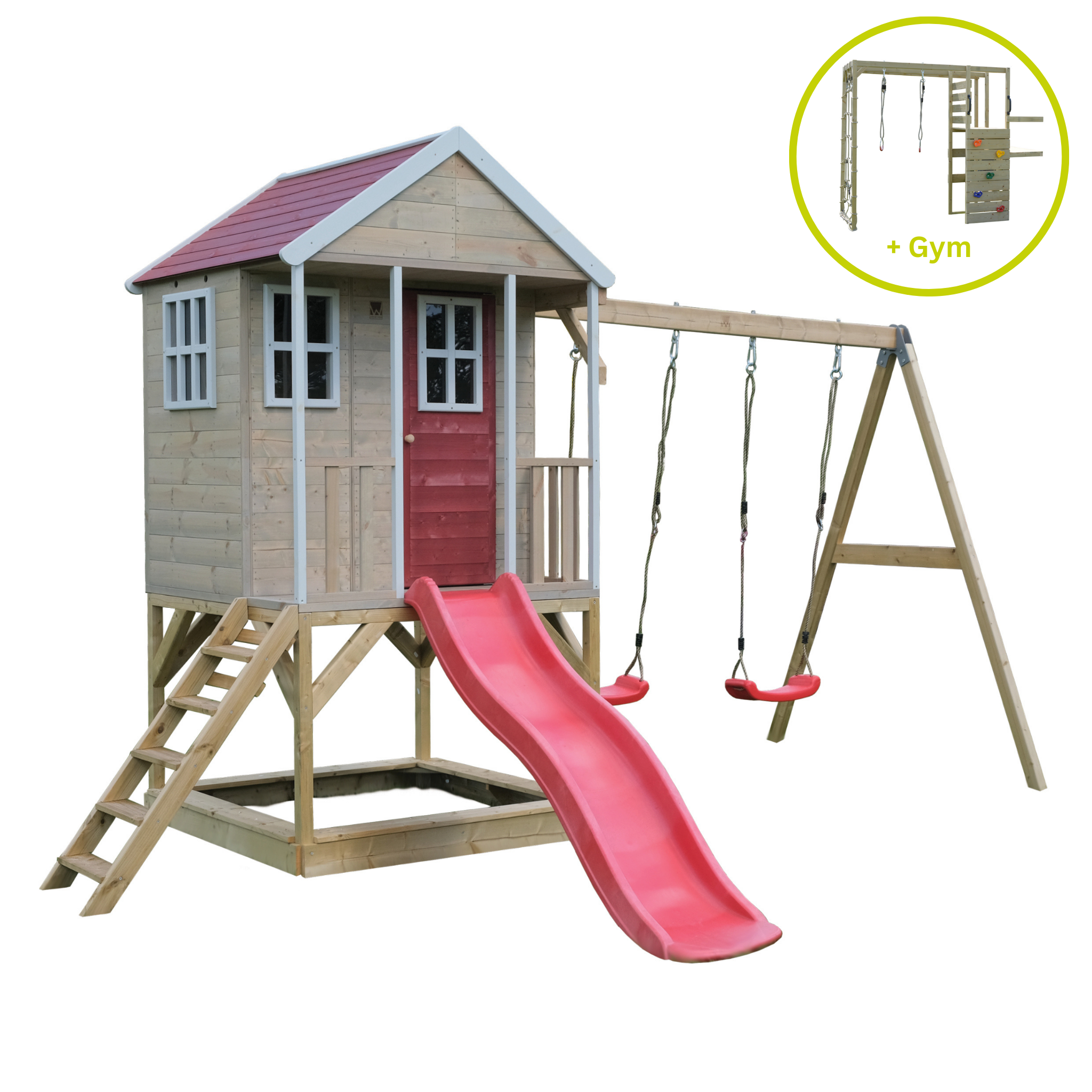 M30R-G Nordic Adventure House with Platform, Slide and Double Swing + Gym Attachment