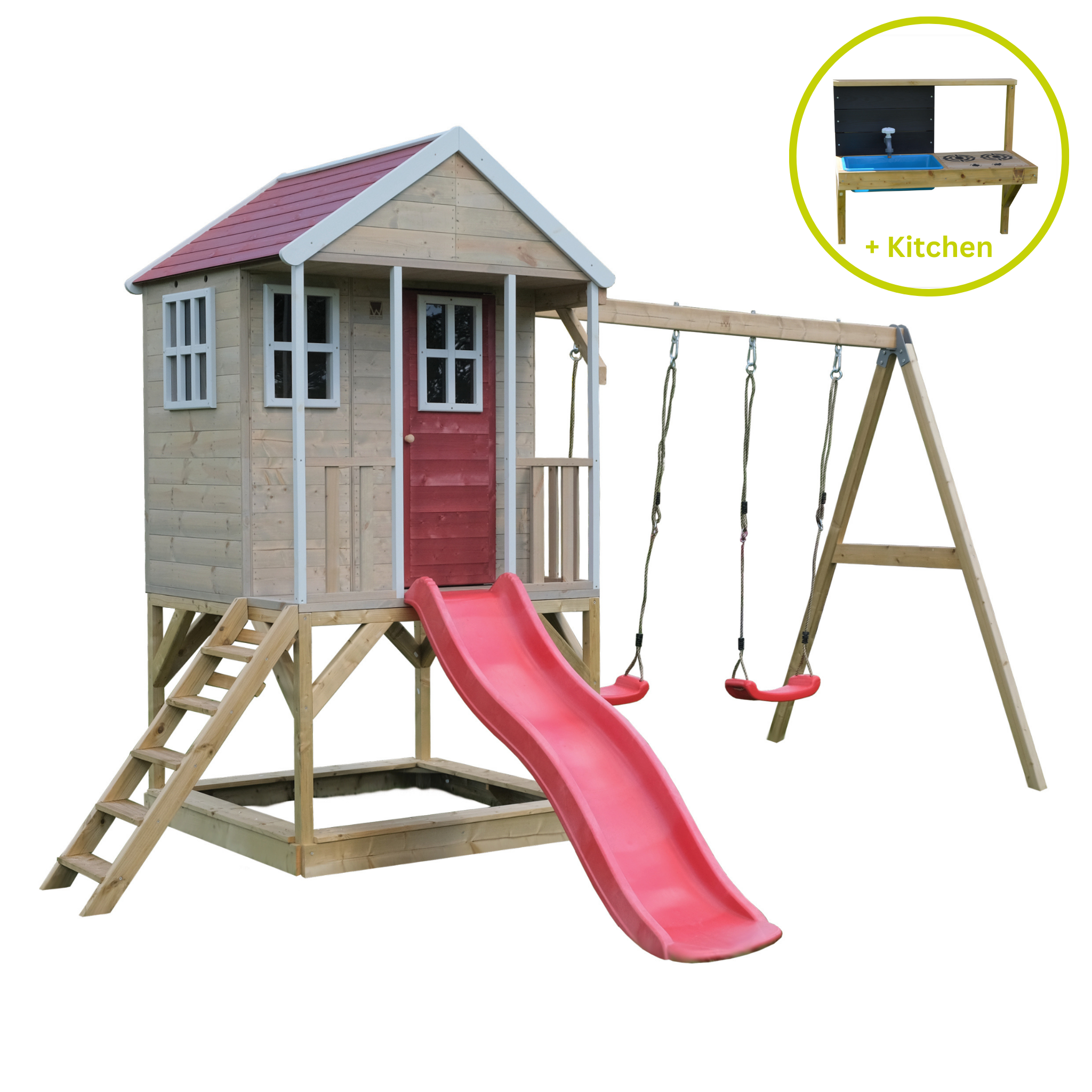 M30R-K Nordic Adventure House with Platform, Slide and Double Swing + Kitchen Attachment