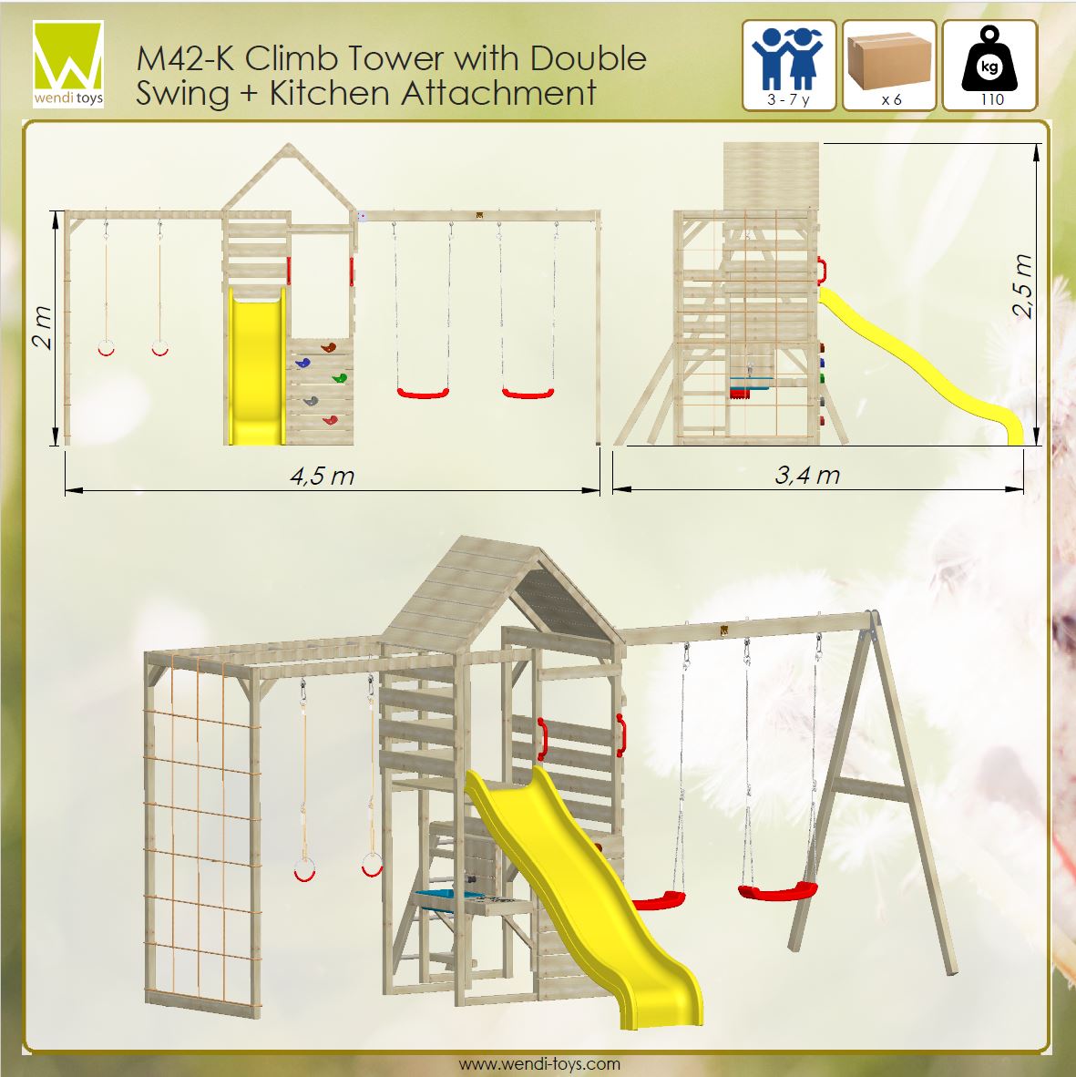 M42-K Climb Tower Set with Double Swing and Gym & Kitchen Attachment