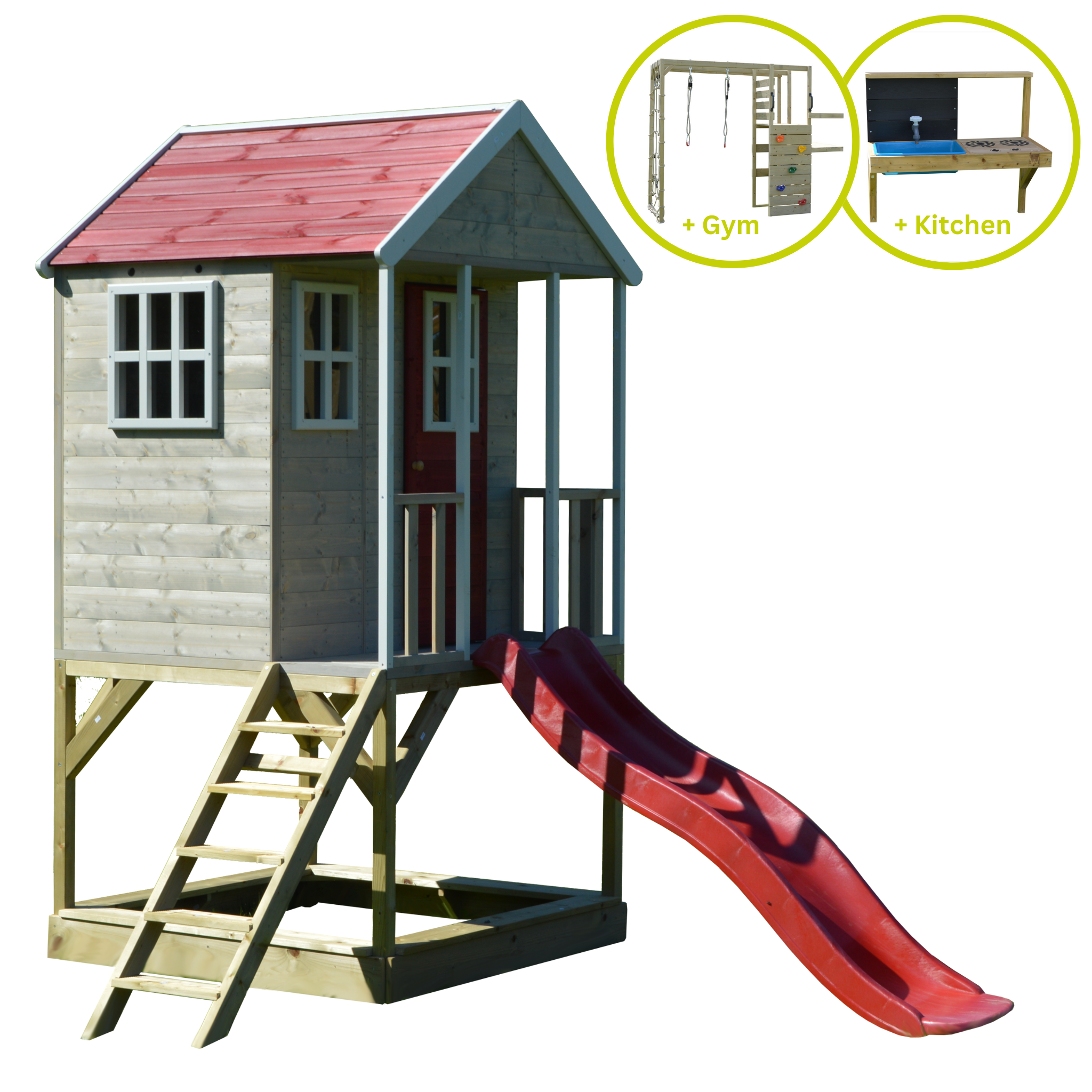 M8R-GK Nordic Adventure House with Platform and Slide + Gym & Kitchen Attachment