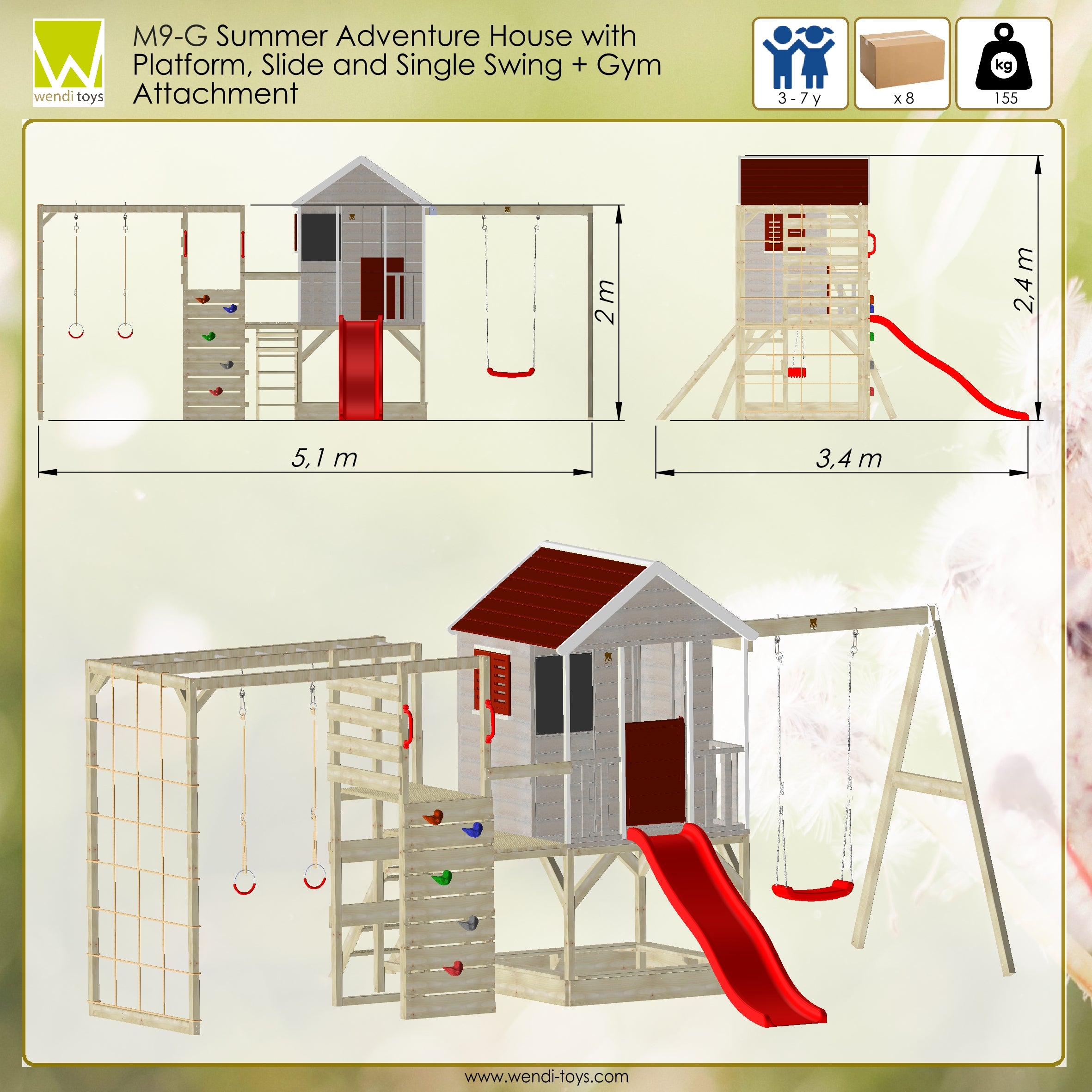 M9R-G Summer Adventure House with Platform, Slide and Single Swing + Gym Attachment