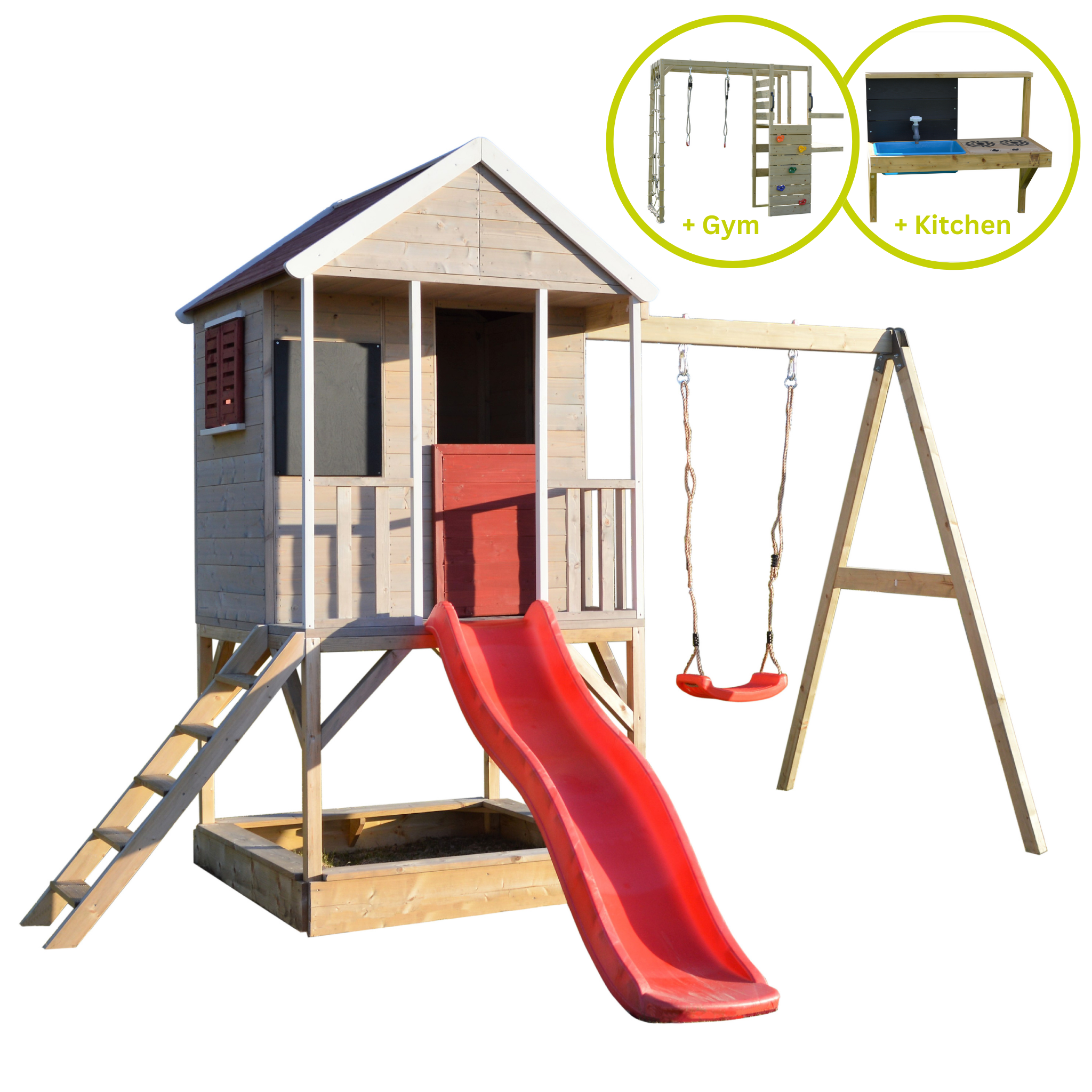 M9R-GK Summer Adventure House with Platform, Slide and Single Swing + Gym & Kitchen Attachment