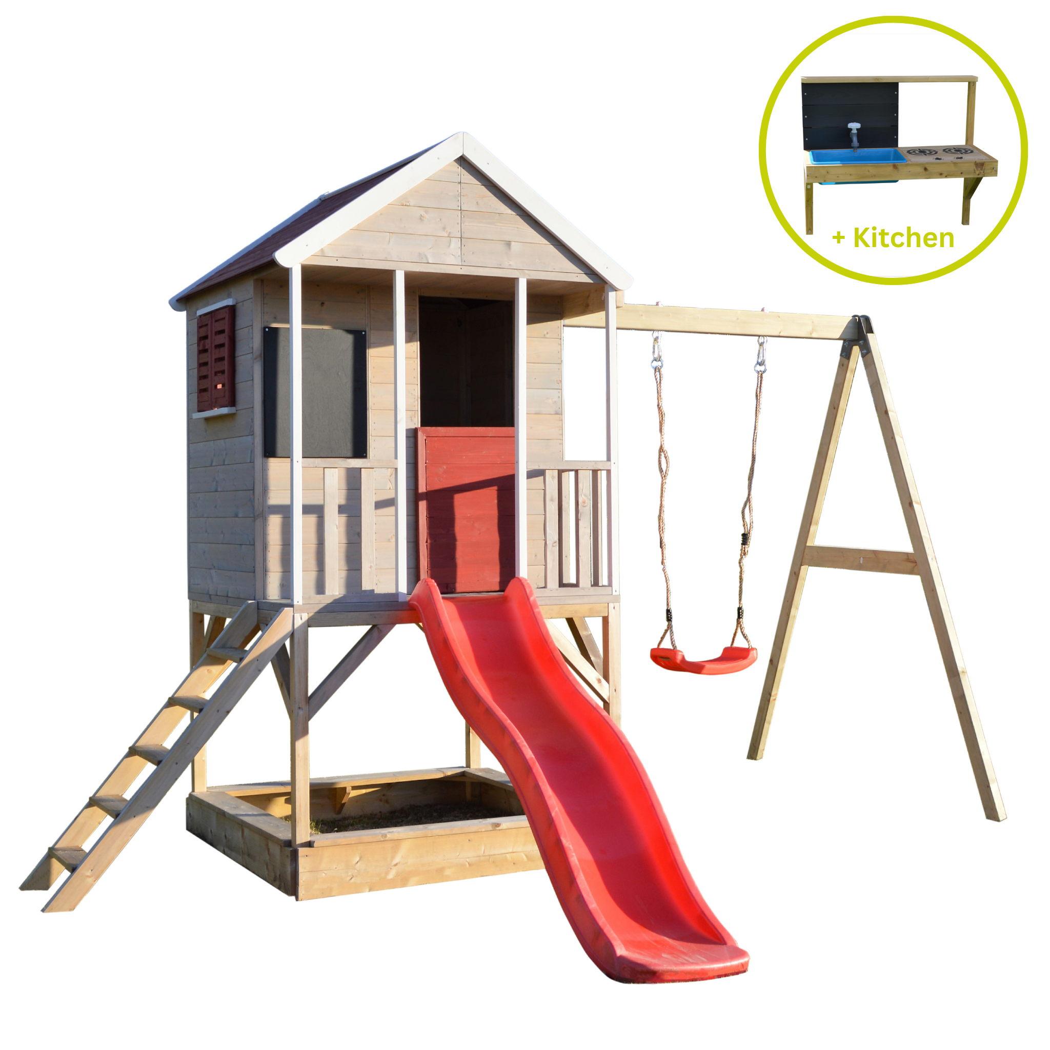 M9R-K Summer Adventure House with Platform, Slide and Single Swing + Kitchen Attachment