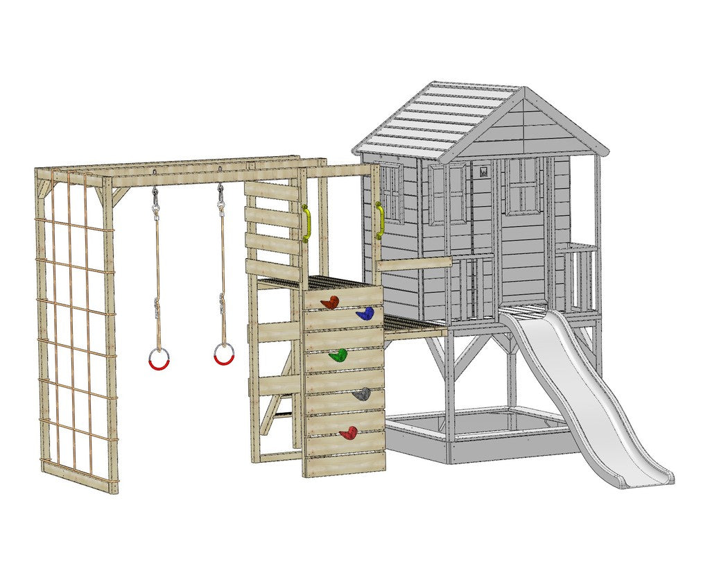 M30R-G Nordic Adventure House with Platform, Slide and Double Swing + Gym Attachment