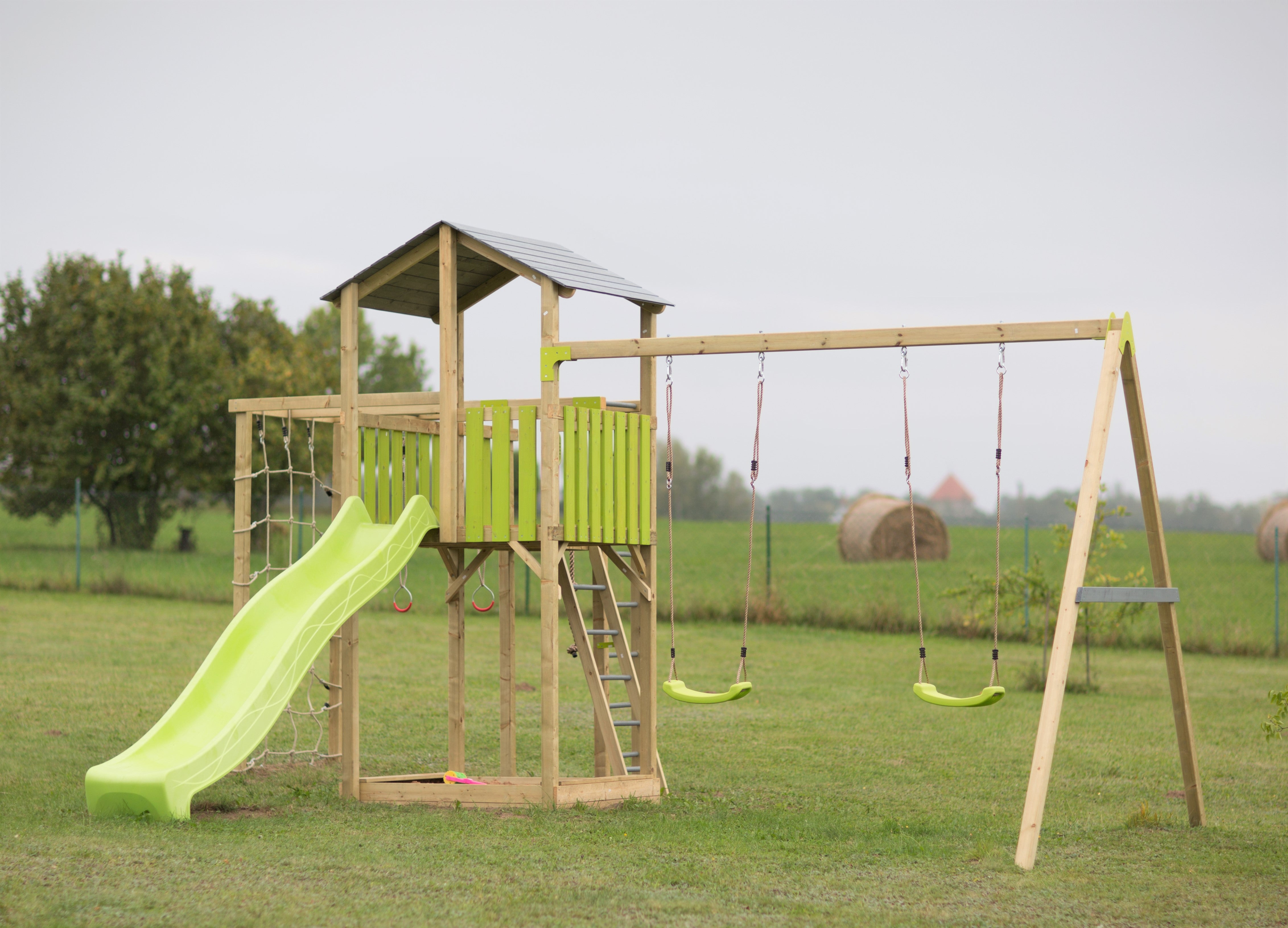 C6 Classic Playground with Slide, Double Swing and Gym Module