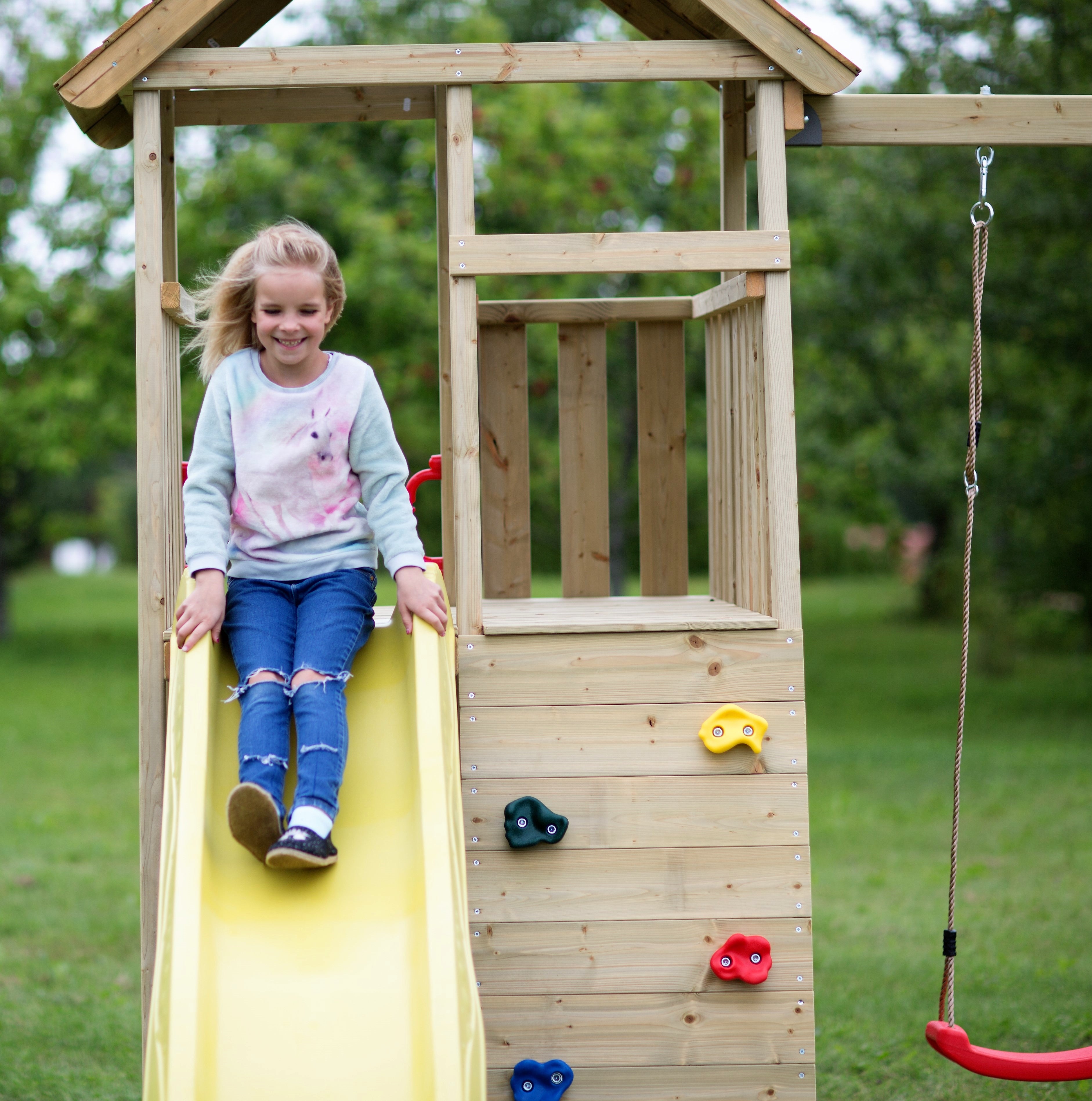 J9 Junior Play Tower with Slide, Sandpit, Picnick Bench and Double Swing