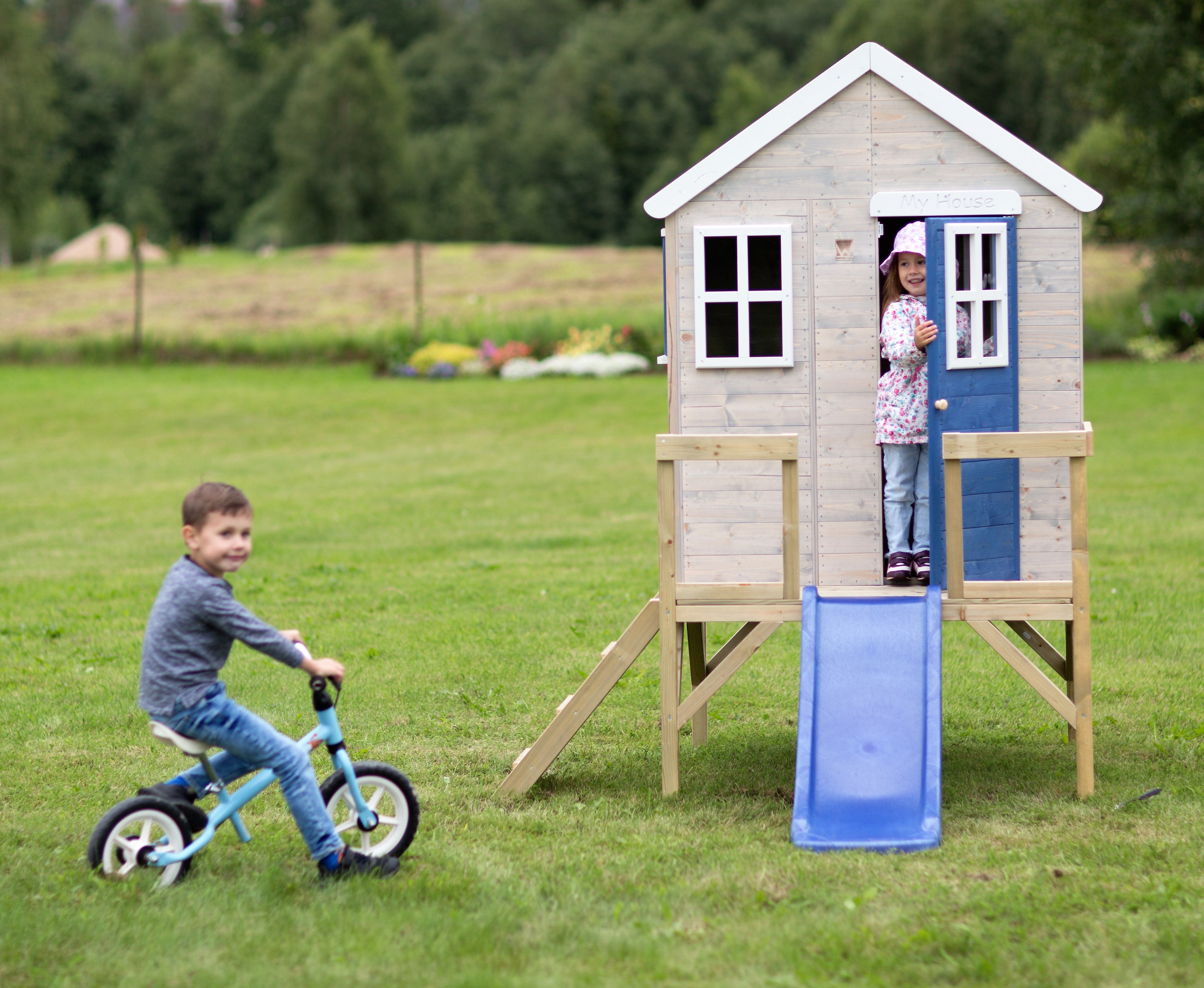 M26B Playhouse with Platform and Slide  My Cottage Blue