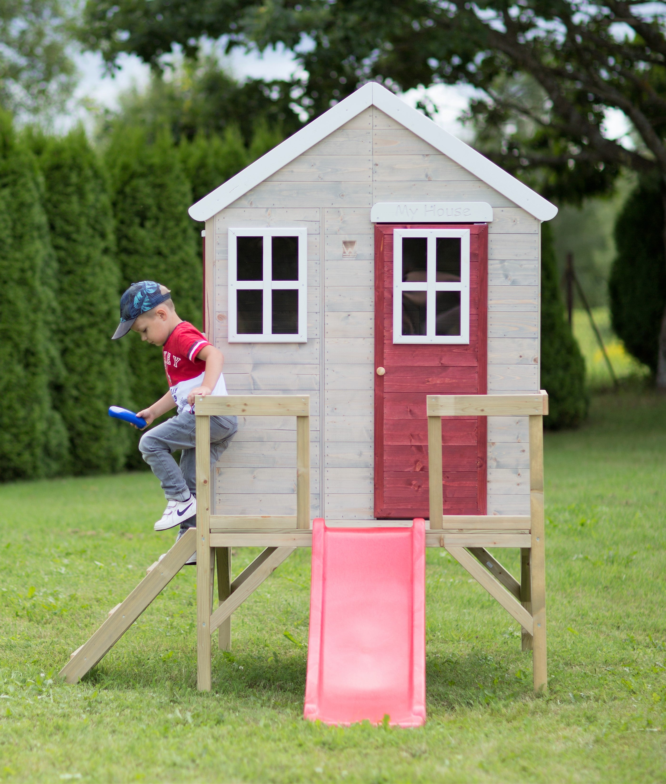 M26R Playhouse with Platform and Slide My Cottage Red